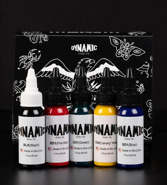 Dynamic Color Co. Traditional Tattoo Ink Set - 1oz Bottles: Black, White, Red, B