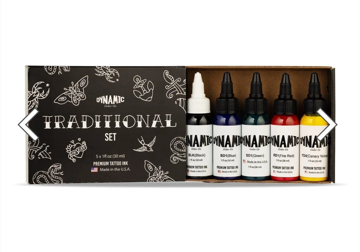 Dynamic Color Co. Traditional Tattoo Ink Set - 1oz Bottles: Black, White, Red, B