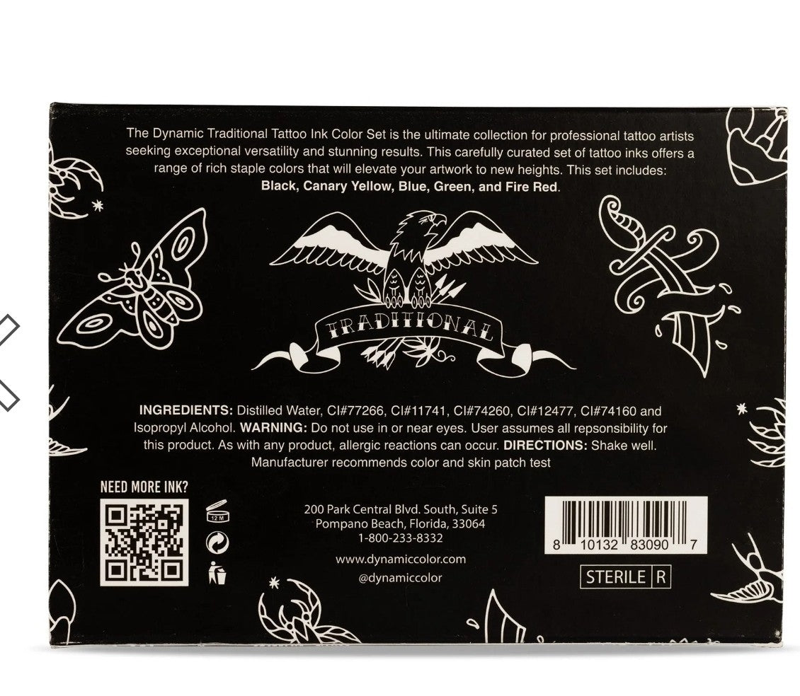 Dynamic Color Co. Traditional Tattoo Ink Set - 1oz Bottles: Black, White, Red, B