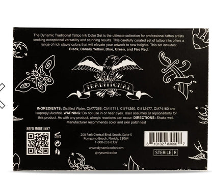 Dynamic Color Co. Traditional Tattoo Ink Set - 1oz Bottles: Black, White, Red, B